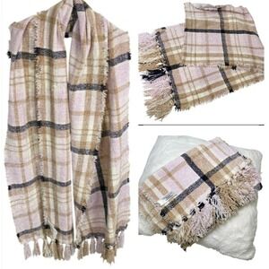 Charter Club Scarf Shaw Plaid Fringe Pink‎ Beige Cozy Soft